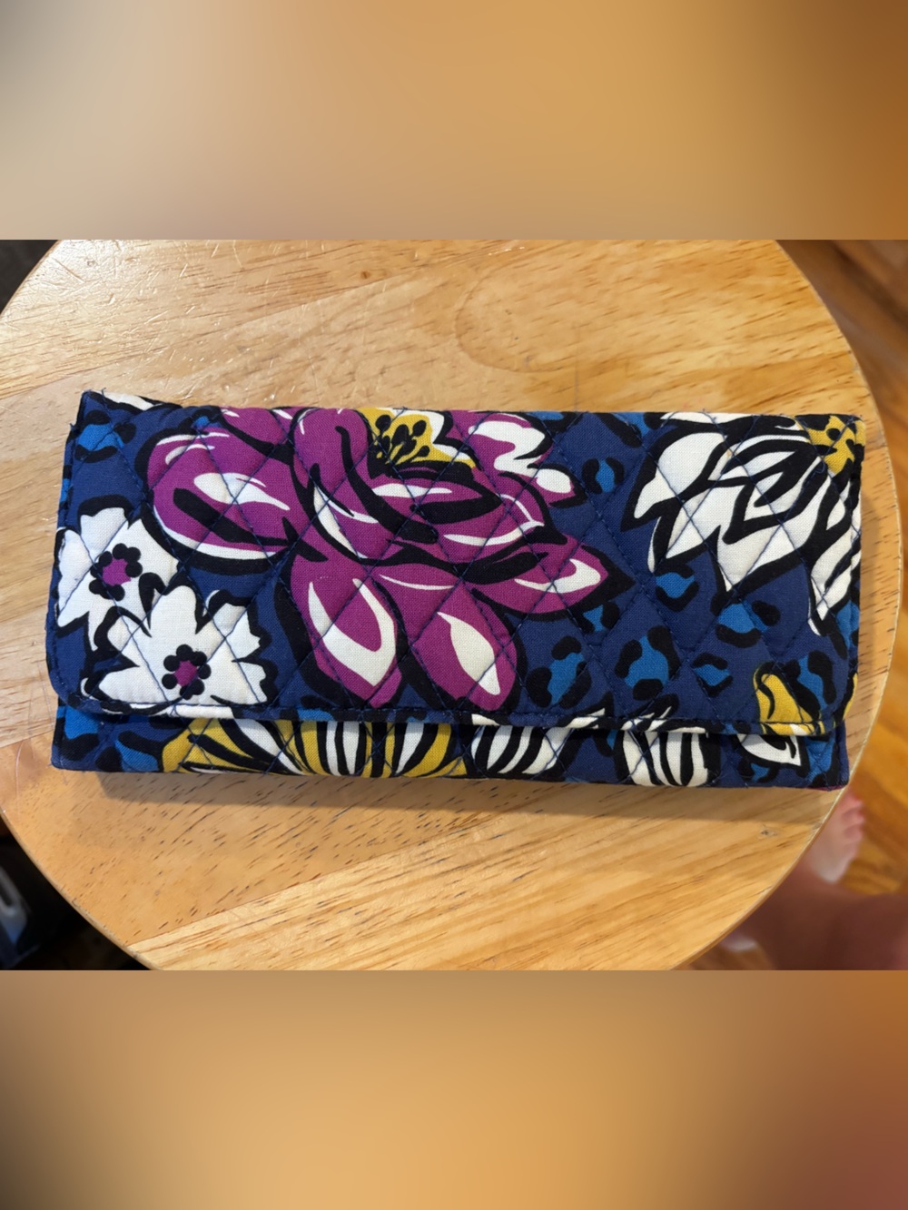 Vera Bradley Quilted Floral Foldover Wallet - Navy, Purple, White & Yellow